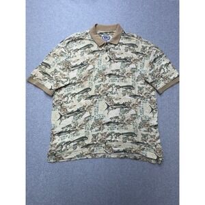AFTCO Bluewater Wear Mens Polo Shirt Large Beige Fish Print International Game